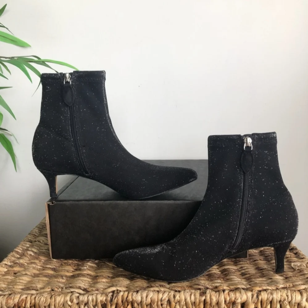 Rebecca Minkoff Sayres Black Glitter Kitten Heel Booties 8 - Sparkly Party Boot